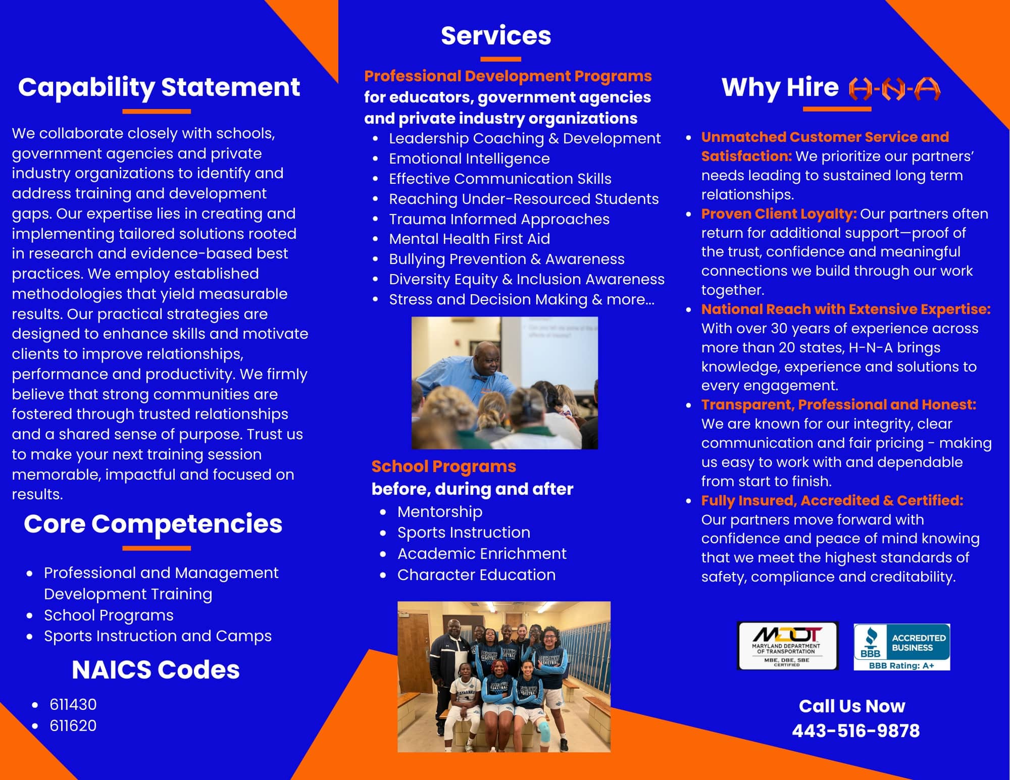 Business services capability statement and contact information.