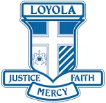 Loyola emblem with justice, faith, mercy.