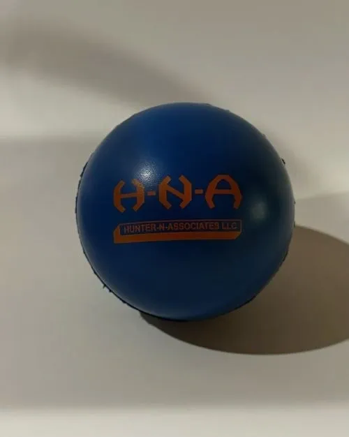 Blue stress ball with H-N-A logo.