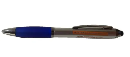 Blue and silver pen with website text.